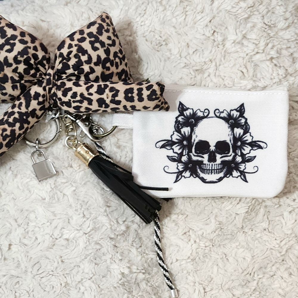 Floral Skull Canvas Pouch w Leopard Bow Bag Charm/Handcrafted/Multi-use/Keychain